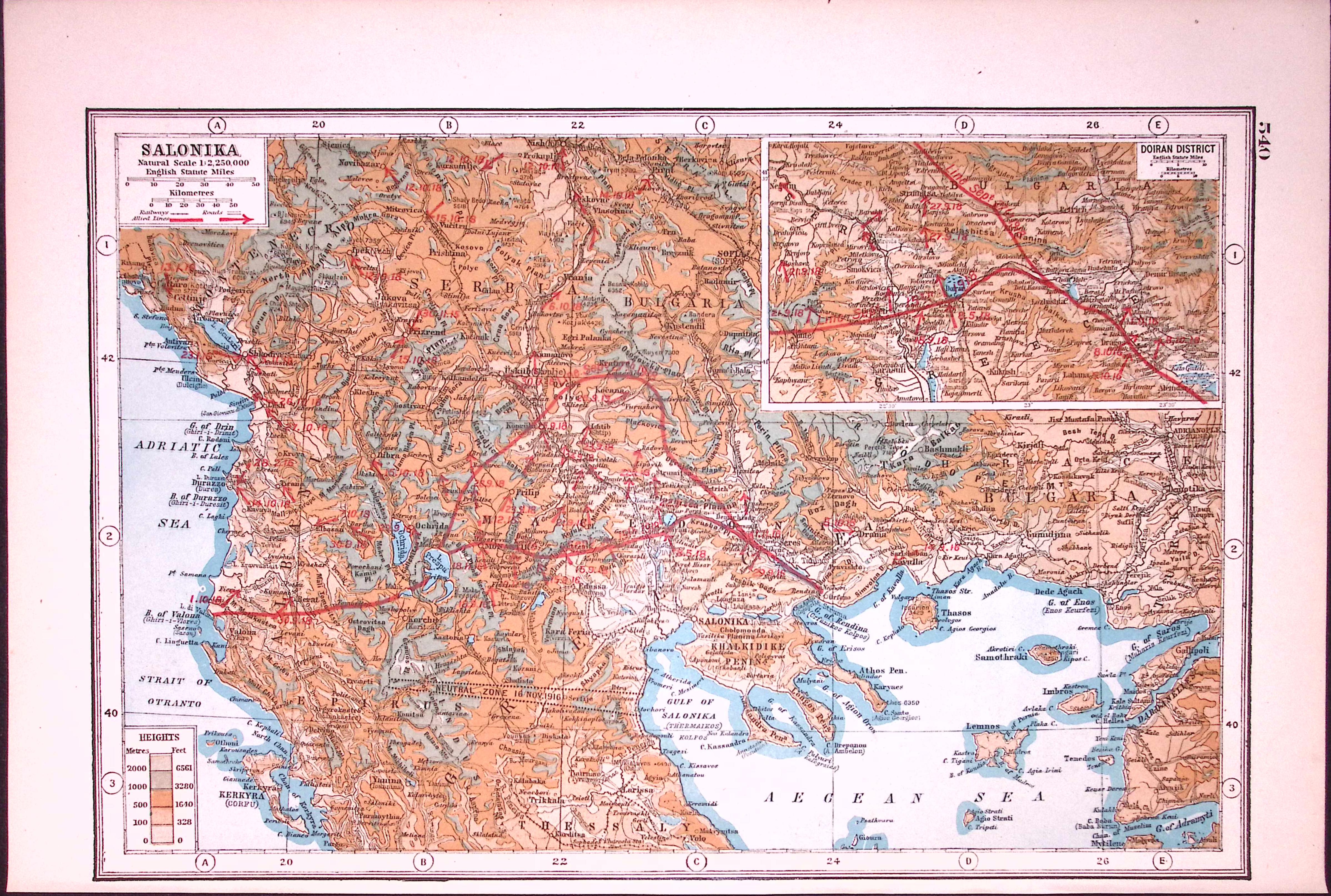 WW1 Salonika & Dorian District Antique 1922 Coloured Map-540