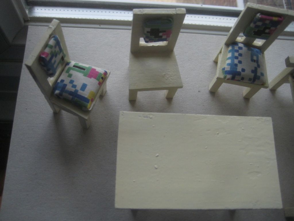 Vintage Dolls House Wooden Table, Settee Chair, and Three Chairs