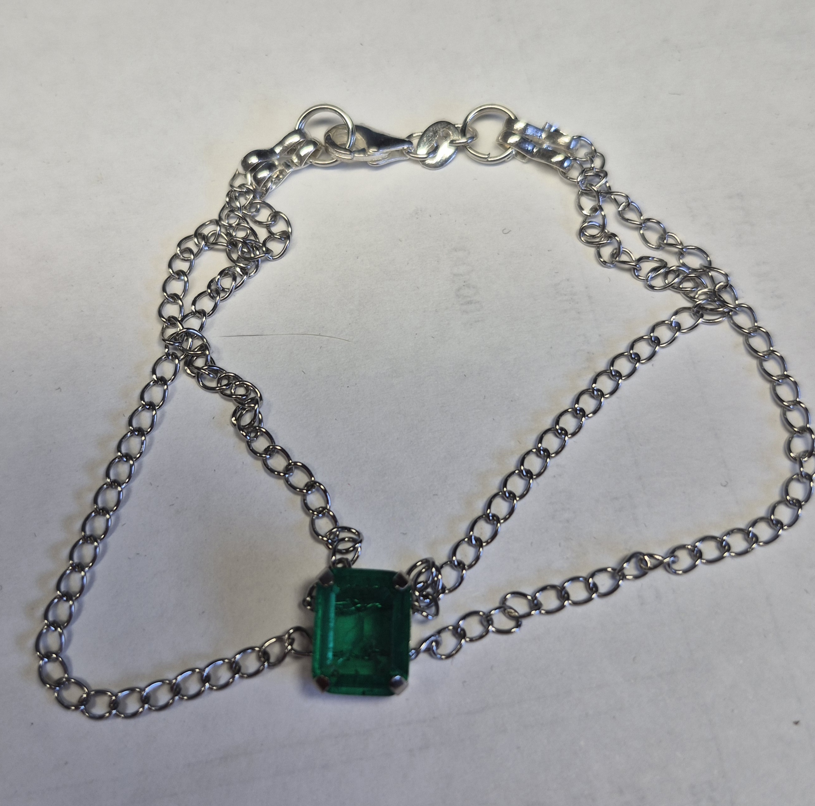 Natural Emerald Doublet Double Chain Bracelet – Emerald Cut Green Stone – Stainless Steel – 19 cm