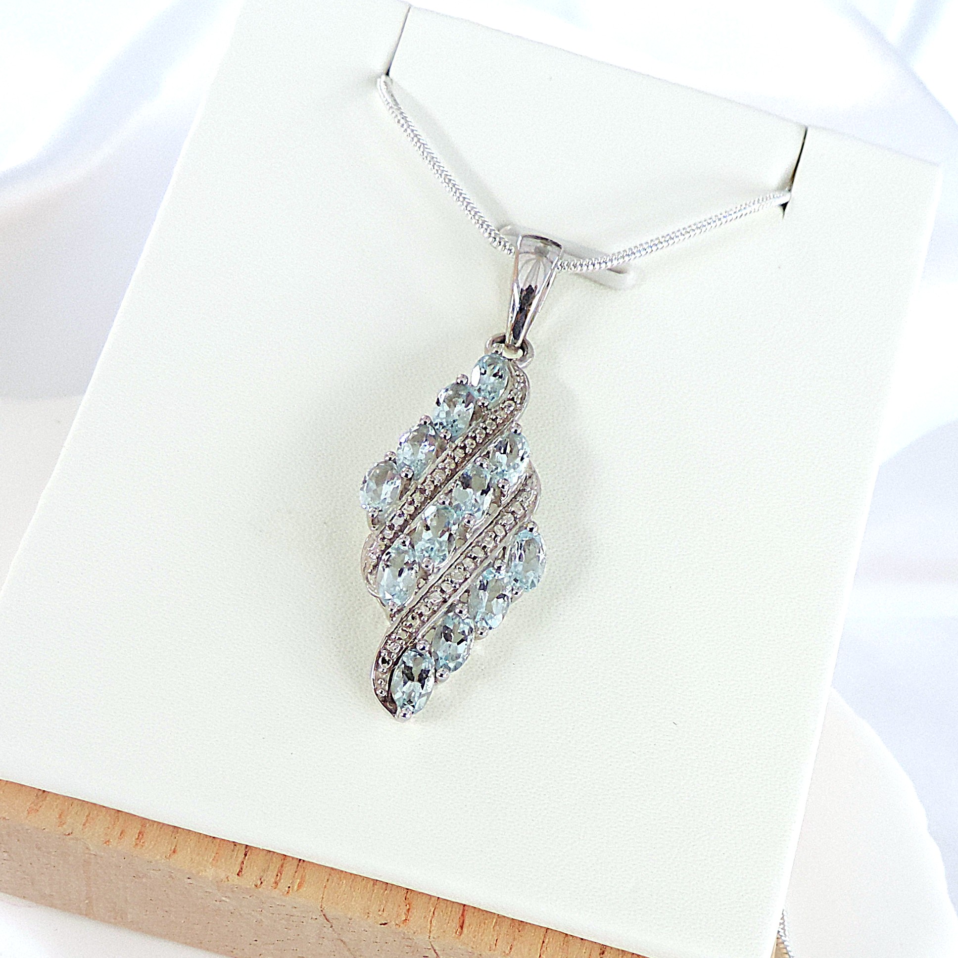 Aquamarine Marine & Diamond Necklace 925 Sterling Silver 'New with Gift Pouch'