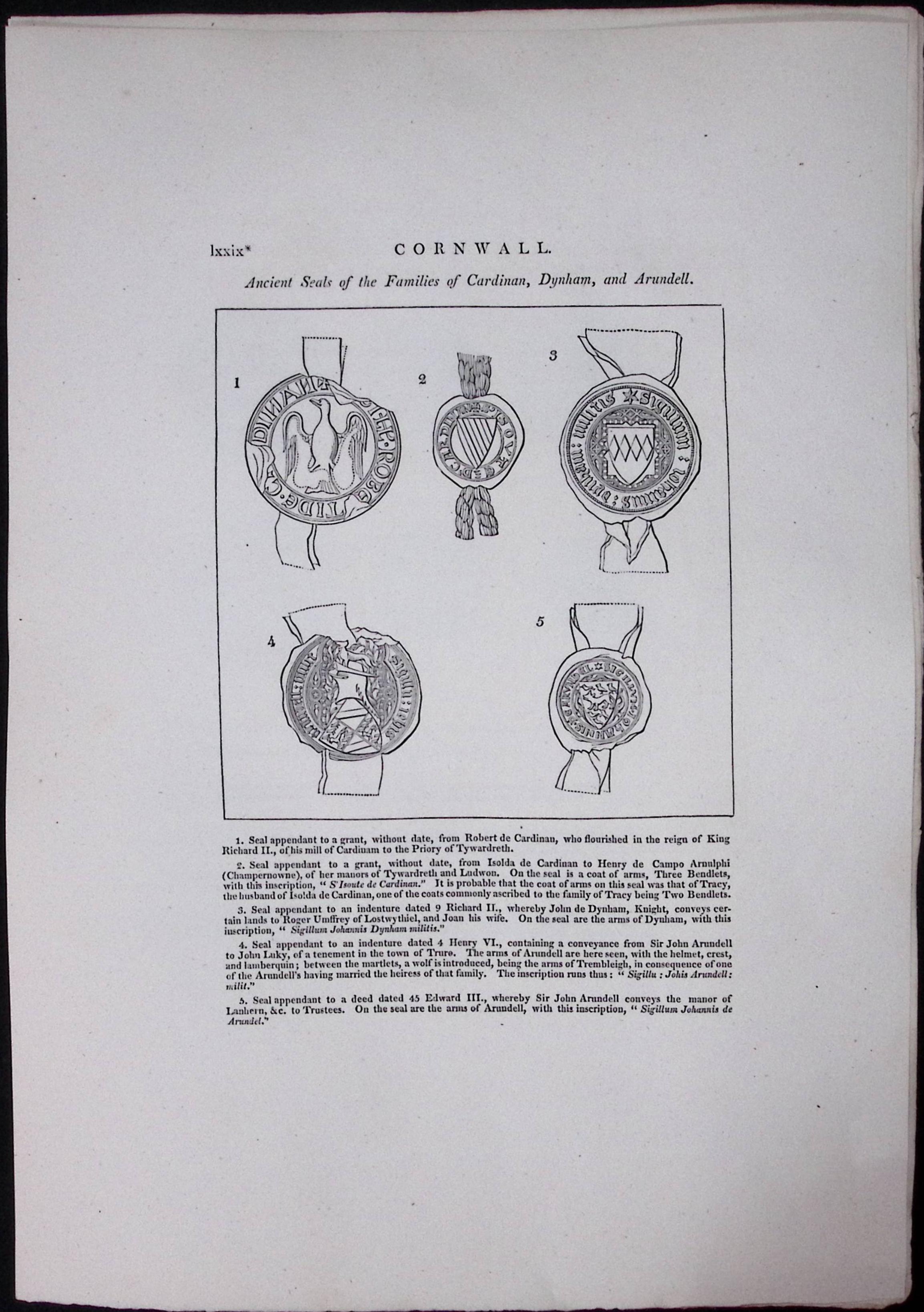 Cornwall Ancient Seals Of Families Rare Large Antique Copper Plate Etching 4.