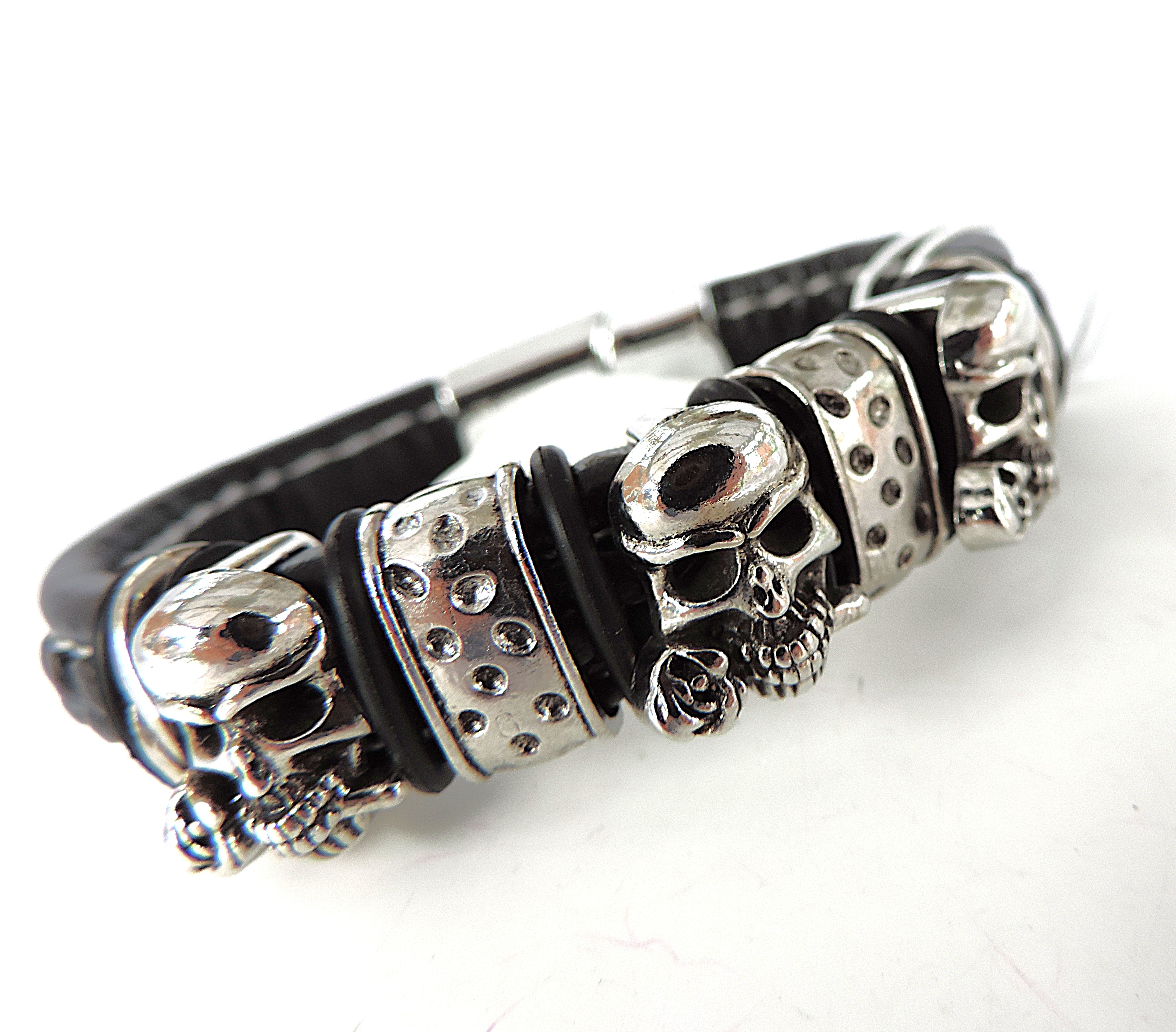 Aethon Black Leather Pirate Skulls Bracelet 'New'
