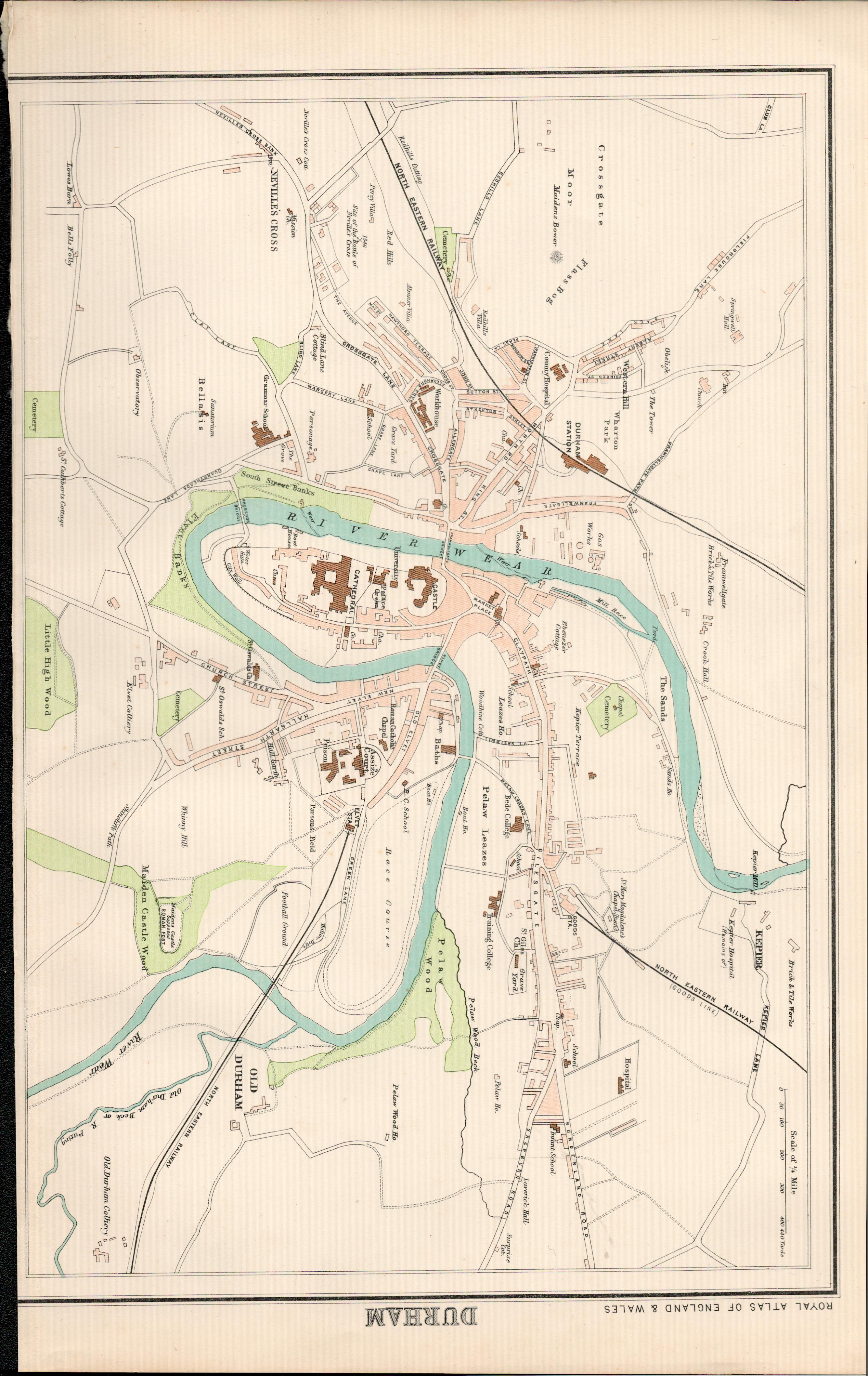 Victorian Map Durham City, Cathedral, Castle, Prison, Assize Court.