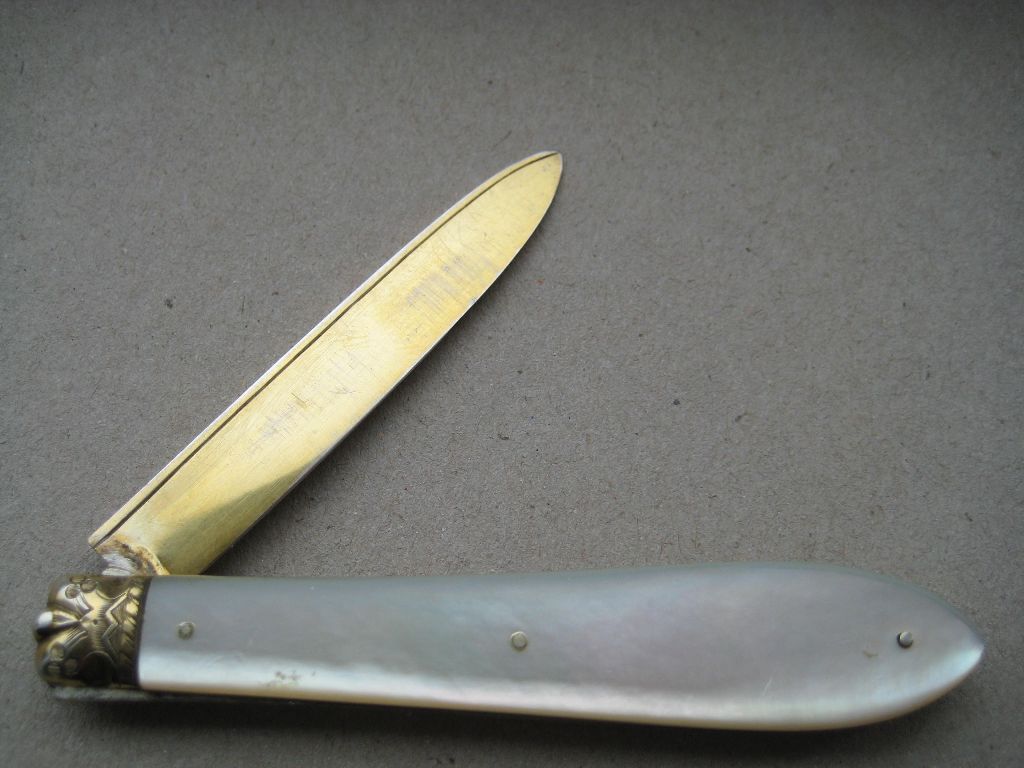 Rare Victorian Mother of Pearl Hafted Silver-Gilt Bladed Folding Fruit Knife, Sheffield 1874