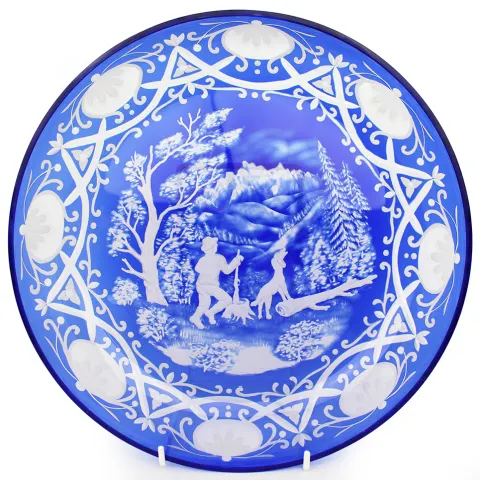Blue Bohemian Overlay Cut Crystal Charger