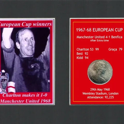 Charlton Makes It 1-0 Manchester United 1968 European Cup Mounted Coin Metal Art