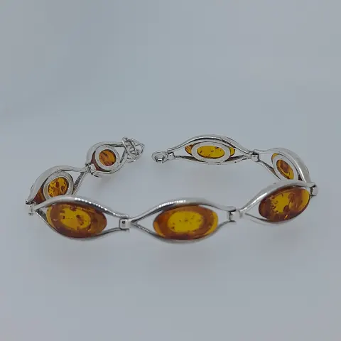 Silver and Natural Amber Bracelet Set With Marquise Polished Amber