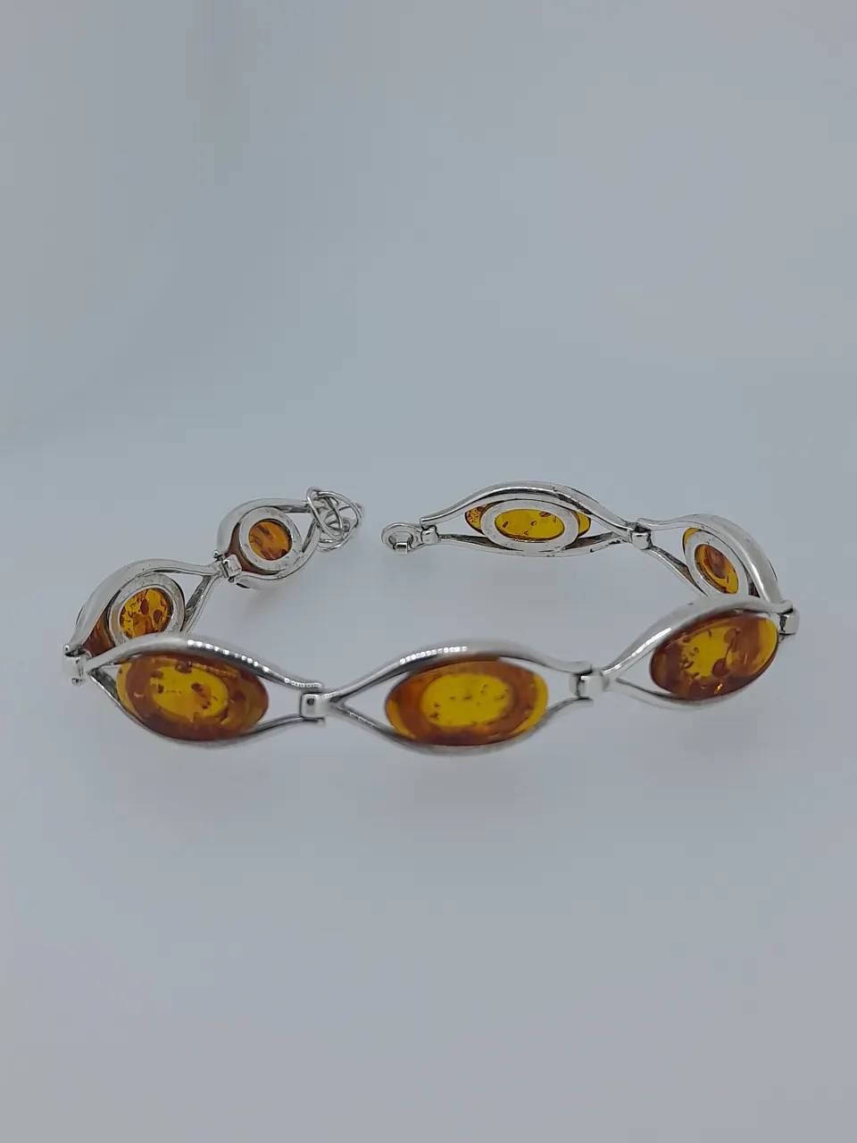 Silver and Natural Amber Bracelet Set With Marquise Polished Amber