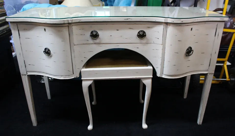 Vintage Painted Dressing Table with Stool – Distressed Cream Finish, Glass Top