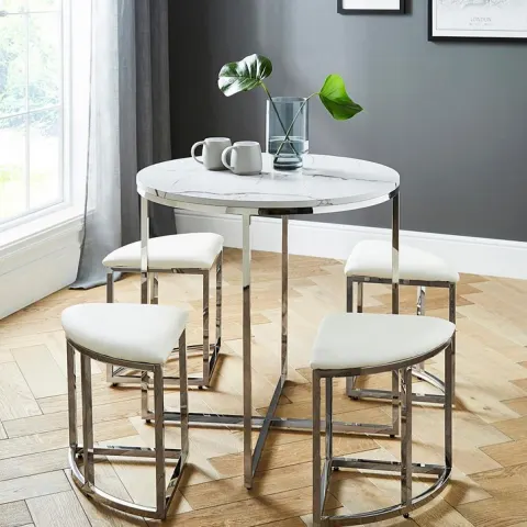 (14/Mez) RRP £409. Milan Hideaway Space Saving Dining Set Marble Chrome. Dimensions: (H78x Dia80cm)