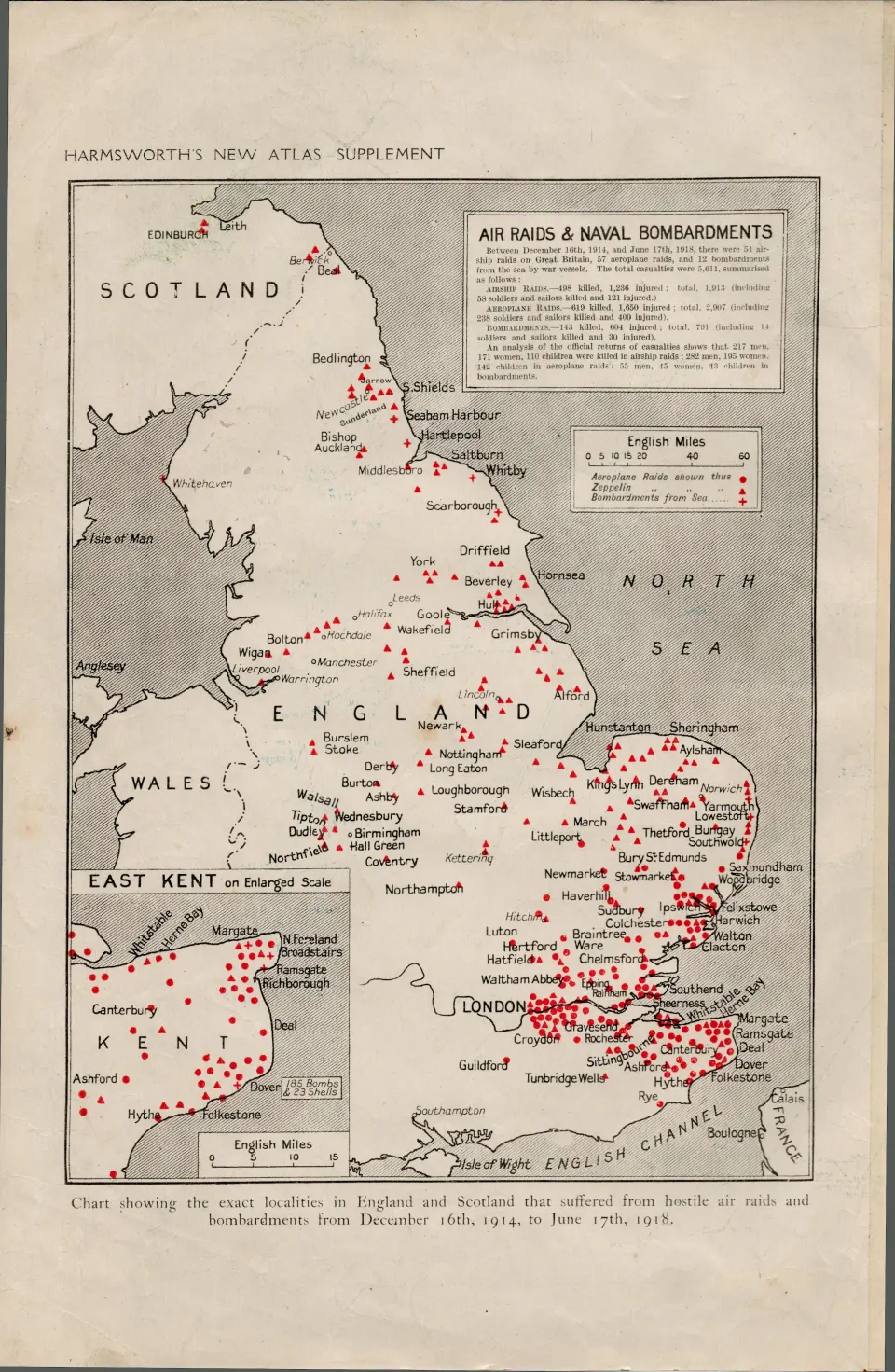 WW1 Air Raids & Naval Bombardments  In Britain Antique Print 1922.