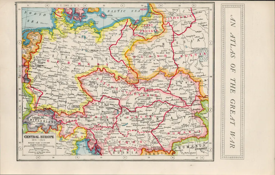 WW1 The Great War Central Europe Coloured Antique Map 1922.