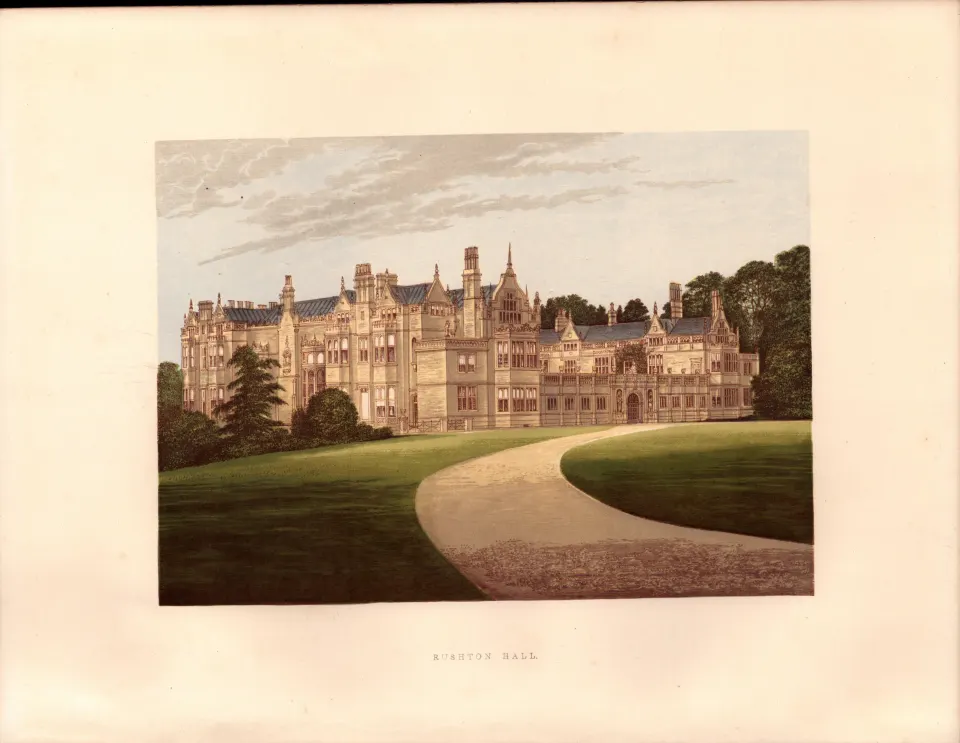 Rushton Hall Kettering Northampton  Gilt-Edge Coloured Antique Book Plate.