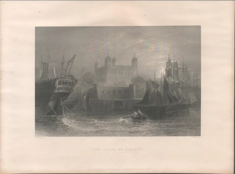 The Tower of London  Antique 1842 Steel Engraving.