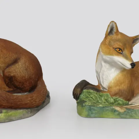Pair of English Hand Painted Ceramic Fox Sculptures