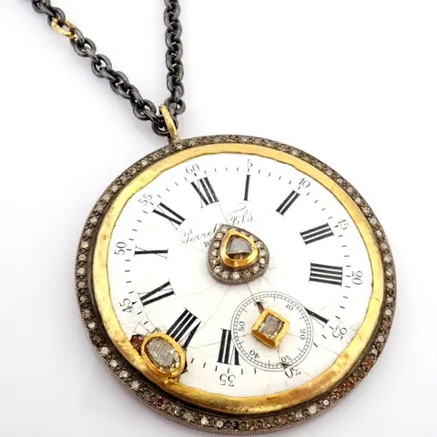 An Exquisite Necklace Made of Gold and Silver, Featuring An Antique Watch Dial Adorned With Precious