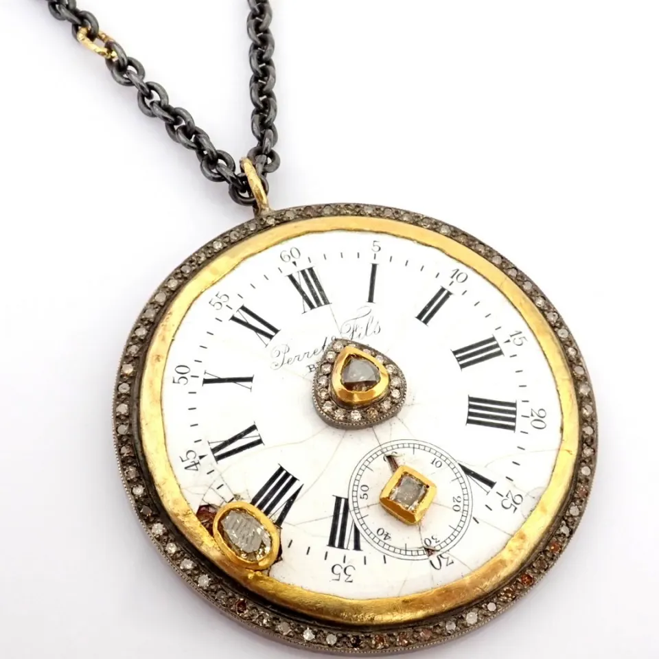 An Exquisite Necklace Made of Gold and Silver, Featuring An Antique Watch Dial Adorned With Precious