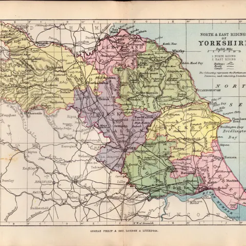 North & East Riding Yorkshire 1895 Antique Victorian Coloured Map.