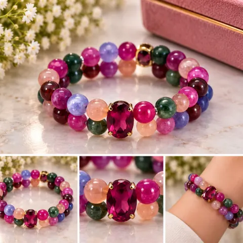 Multicolour Beaded Double Strand Bracelet with Red Faceted Centre Stone