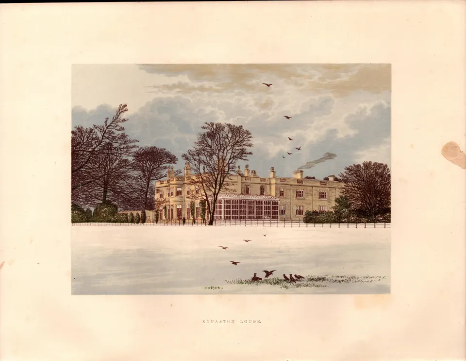 Ednaston Lodge Derbyshire Gilt-Edge Coloured Antique Book Plate.