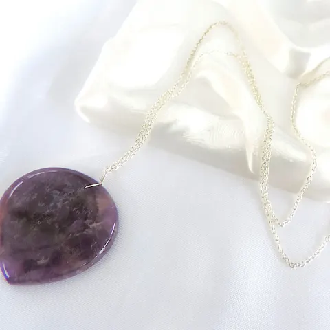 Polished Amethyst Gemstone Heart Necklace on 20 Inch 925 Silver Chain