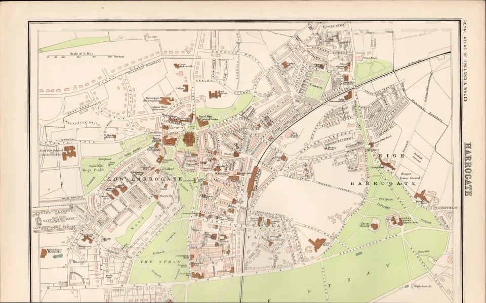 Victorian Map Harrogate Town, Spa, The Stray, Concert Rooms.