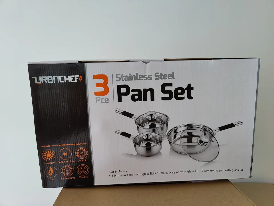 4 x Boxed Sets of Urbnchef 3 Piece Stainless Steel Pan Sets
