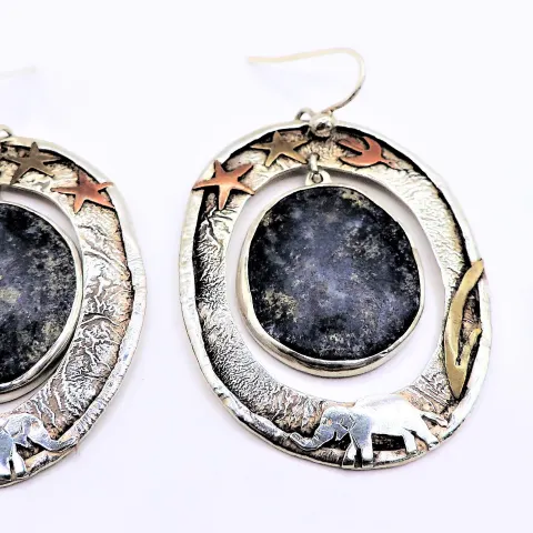 Vintage Artisan Charmian Harris Sterling Silver Elephant Lapis Lazuli Earrings