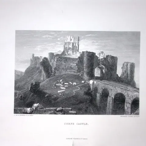 J.M.W Turner View of Corfe Castle Dorset Large Antique Steel Engraving-116-TR