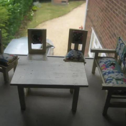 Vintage Dolls House Wooden Table, Settee Chair, and Three Chairs