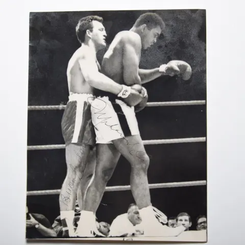 Muhammad Ali v Brian London black & white photograph with original signatures.