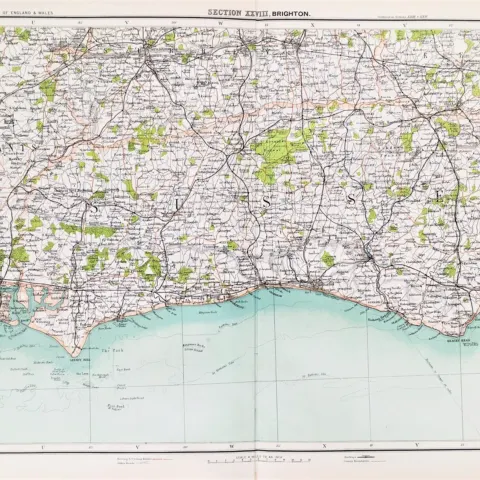 Victorian 1897 Map Brighton Sussex Chichester Havant Guildford Reigate Lewes.