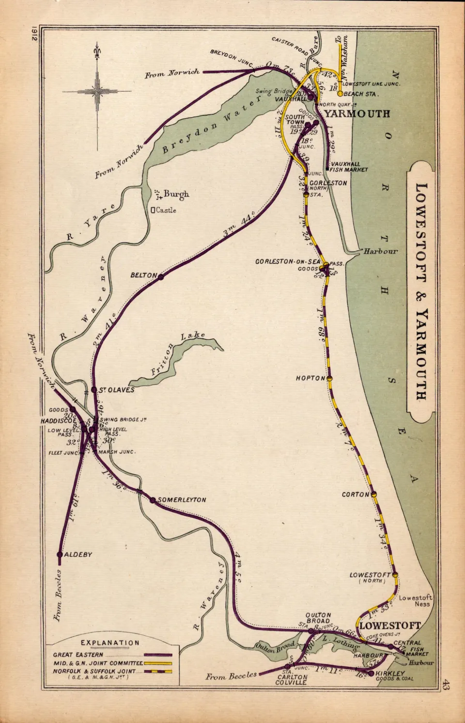 Lowestoft & Yarmouth Coloured  Antique Railway Diagram-43.