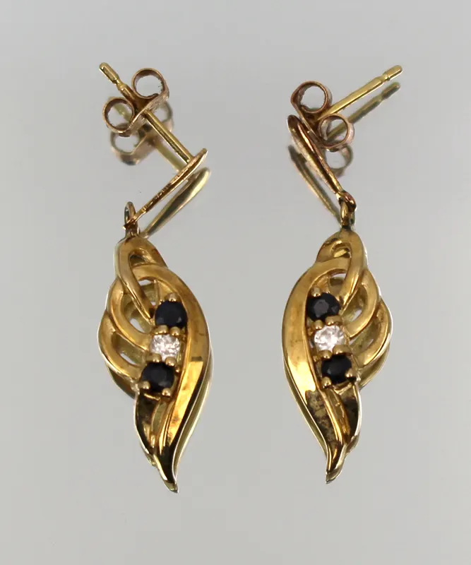 Vintage 9ct Gold Drop Earrings – Sapphire and Diamond Accents