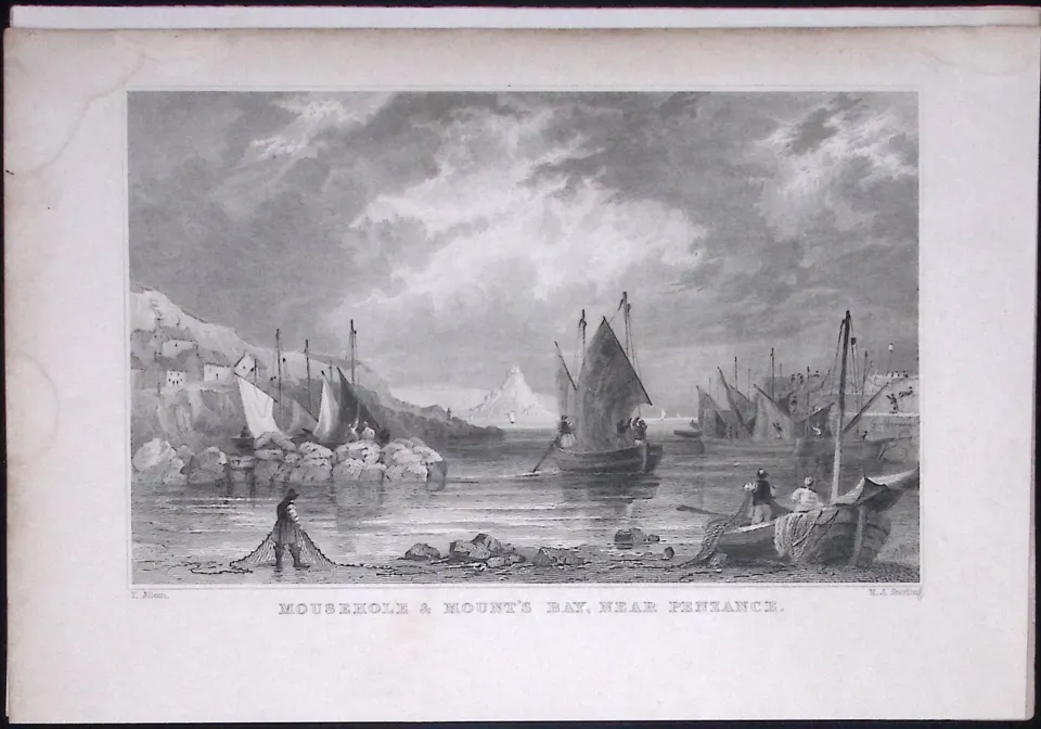 Cornwall Mousehole & Mounts Bay Antique 193 Years-Old Steel-Engraving-14