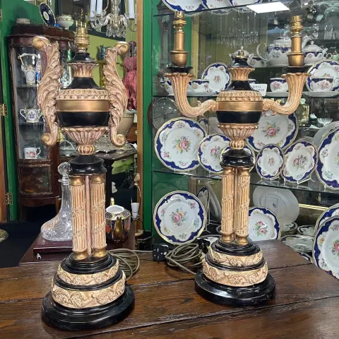 Pair of Decorative Empire Style Gilt and Ebonised Table Lamps