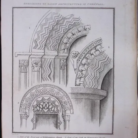 Cornwall Saxon Architecture 211 Years-Old Rare Antique Copper Plate Etching By S Lyons