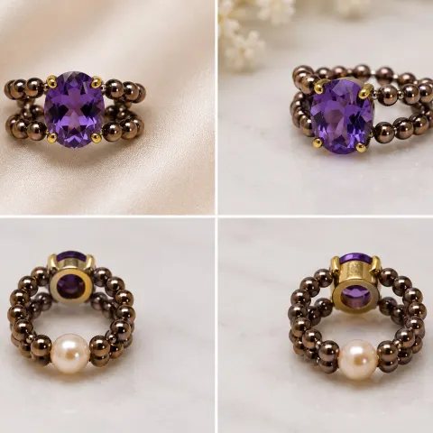 Alexandrite Centre Stone Beaded Ring with Pearl Accent