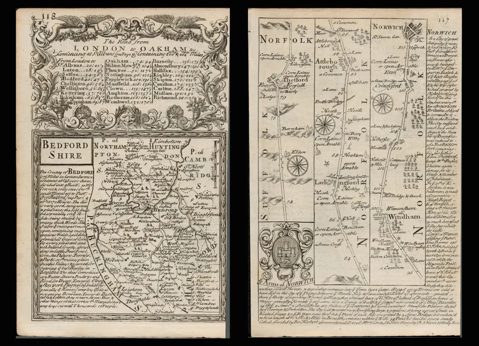 Bowen 290 Yrs Old Scarce Detailed Road Map London Bedford Biggleswade Ampthill.