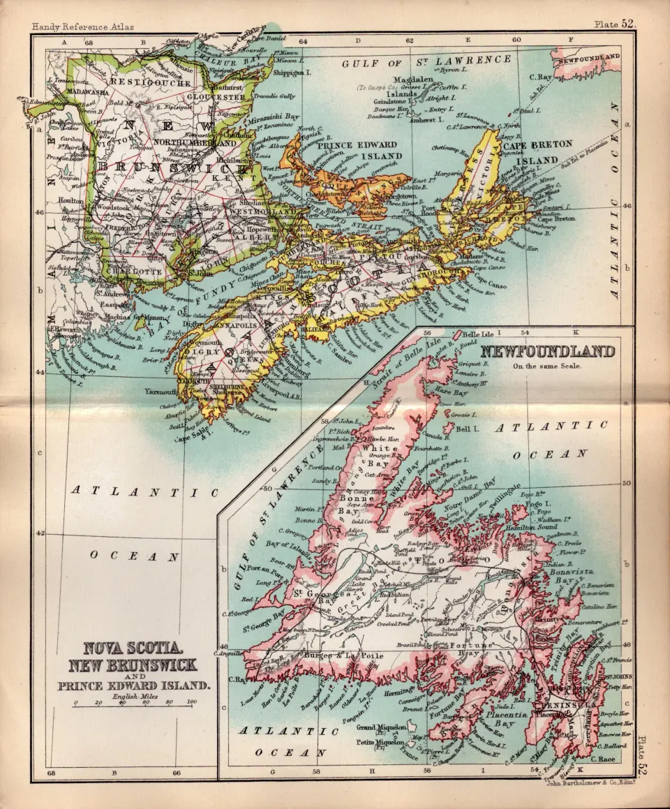 Nova Scotia Newfoundland Double Sided Antique 1896 Map.