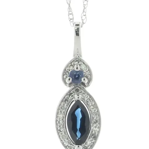 14ct White Gold Marquise Cluster Diamond And Sapphire Pendant And Chain 0.08 Carats