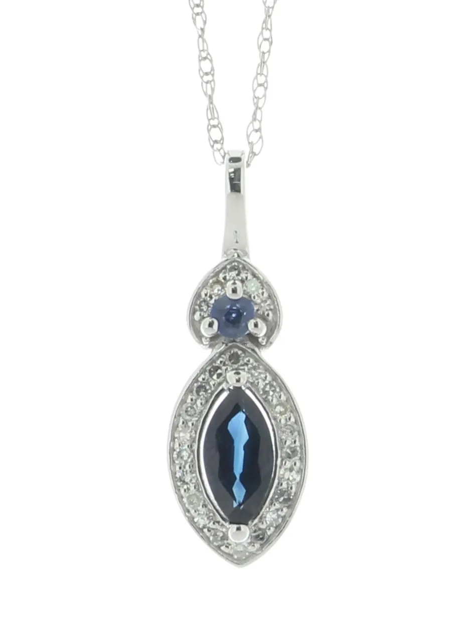 14ct White Gold Marquise Cluster Diamond And Sapphire Pendant And Chain 0.08 Carats