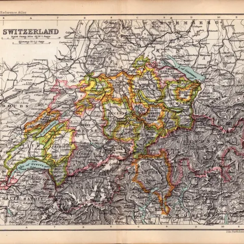 Switzerland &The Alps Etc Double Sided  Coloured Antique 1896 Map.