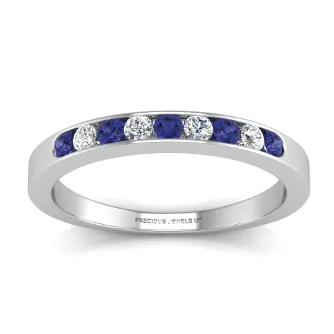 9ct White Gold Channel Set Semi Eternity Diamond & Sapphire Ring 0.12