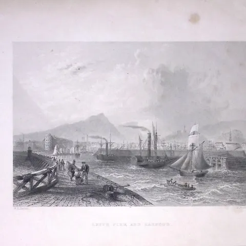 Leith Pier & Harbour Scotland WH Bartlett 1842 Antique Steel Engraving-17-TR