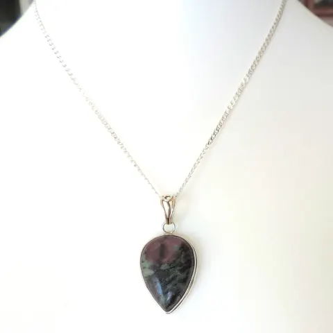 Artisan Sterling Silver Teardrop Cabochon Zoisite Gemstone Necklace with Gift Box