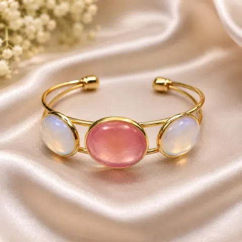Gold-Tone Open Cuff Bracelet with Pink & Opalescent Stones