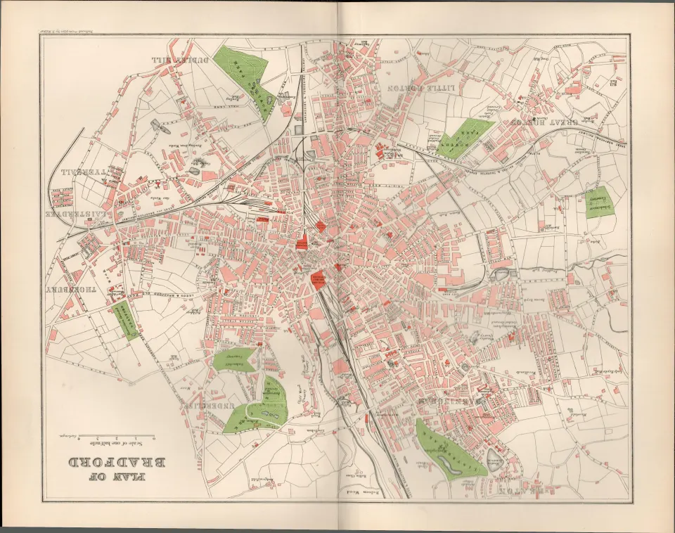 Plan Of Bradford  Victorian 1894 Coloured Antique Map.