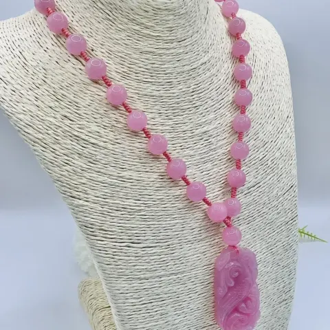 New TJC Pink Jade Beads Pendant Necklace Rhodium Overlay Sterling Silver 560.70c