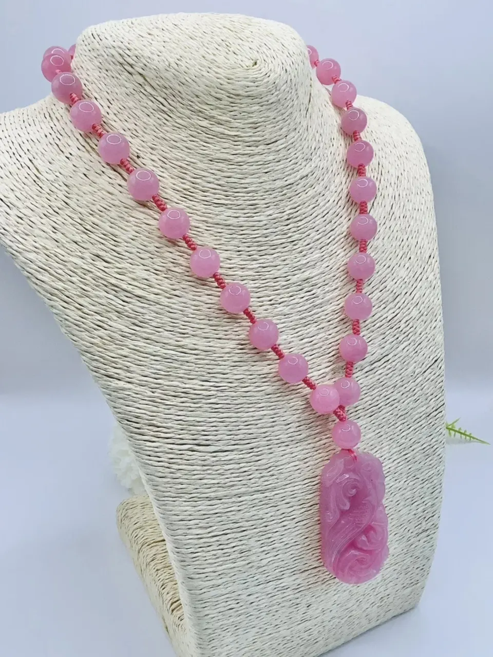 New TJC Pink Jade Beads Pendant Necklace Rhodium Overlay Sterling Silver 560.70c
